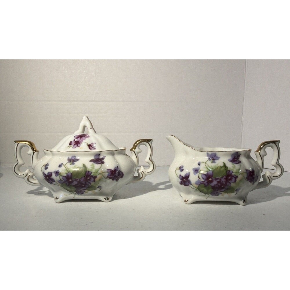 Vintage Lefton China Violets Sugar and Creamer Set 2930 Hand Painted Gold Trim